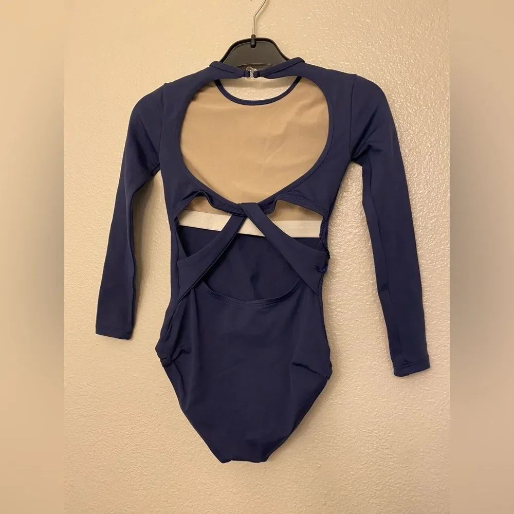 Custom solo Dance Costume navy blue Twist Long Sleeve Leotard modest IC 7/8